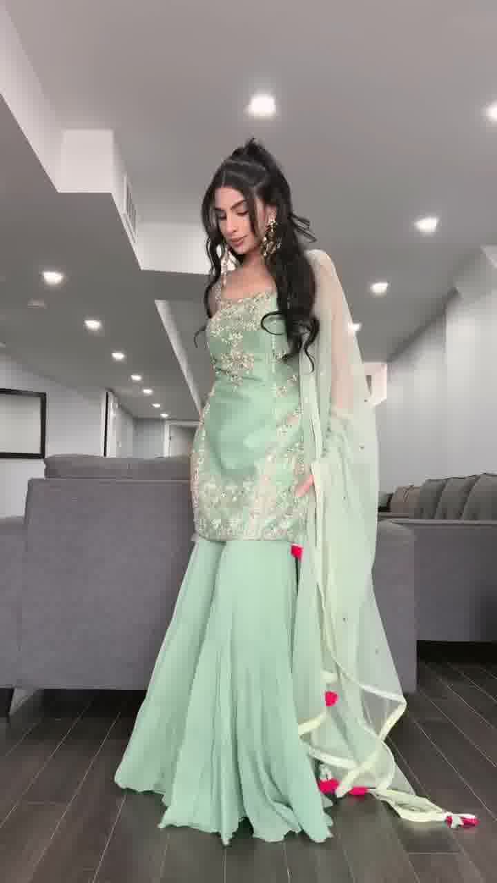 Elegant Mint Green Embroidered Sharara Suit Set with Dupatta