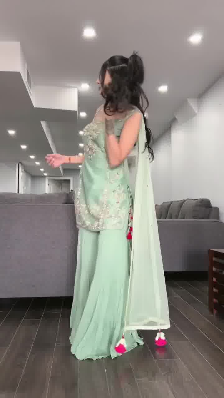 Elegant Mint Green Embroidered Sharara Suit Set with Dupatta