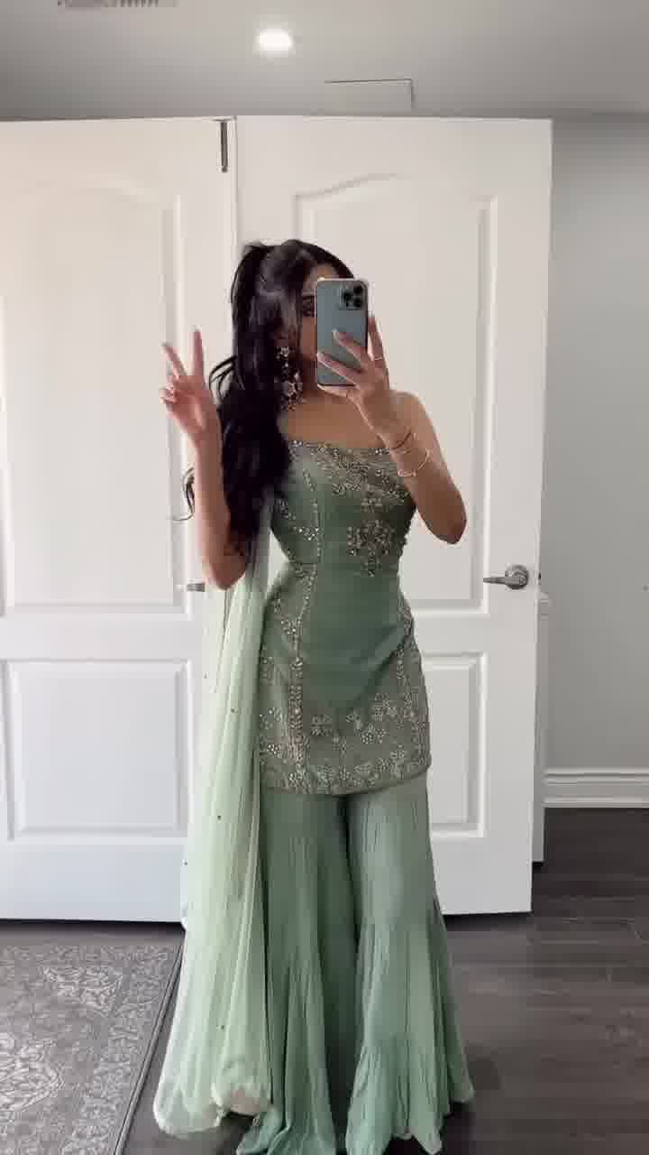 Elegant Mint Green Embroidered Sharara Suit Set with Dupatta