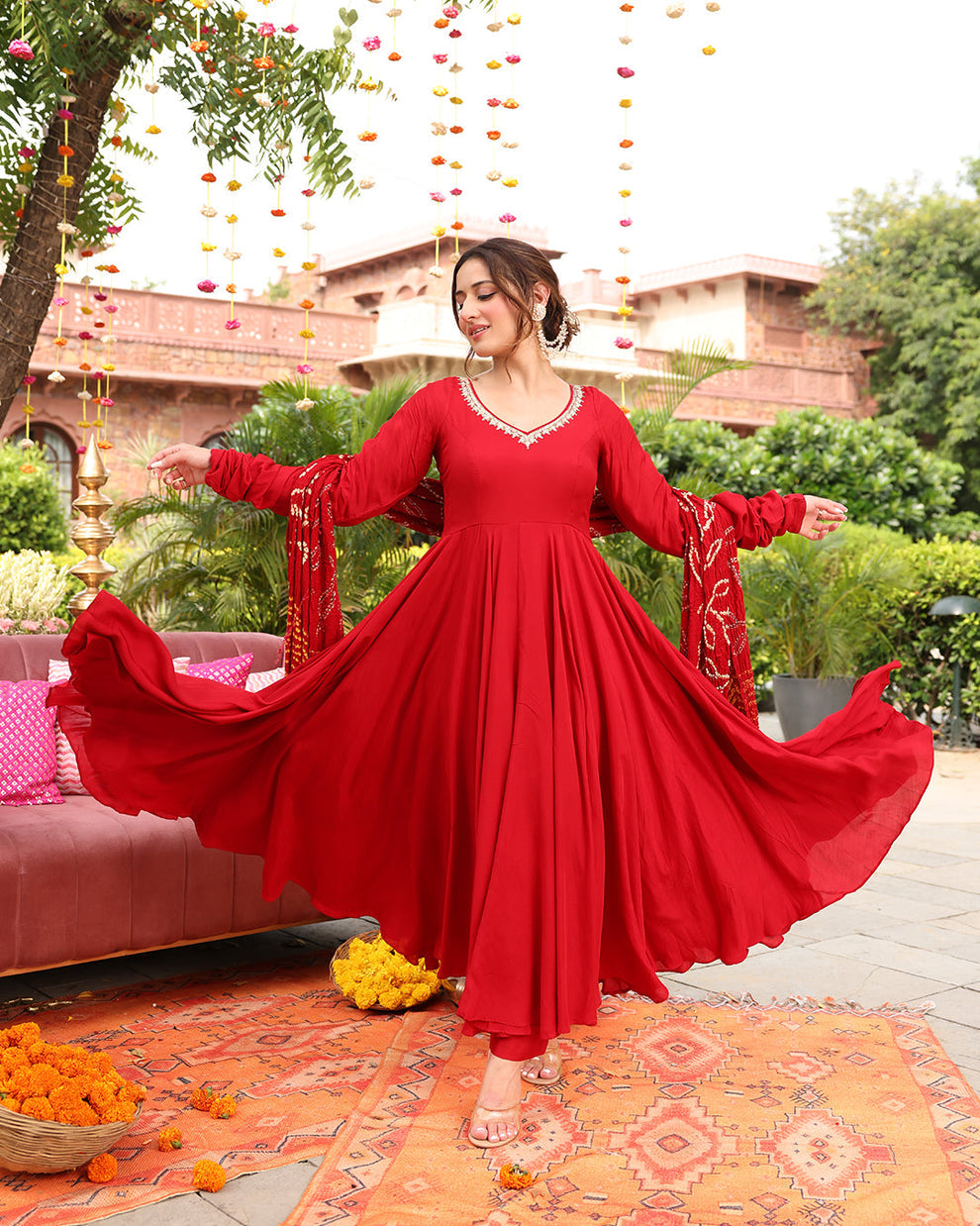 Maroon Bandhej Anarkali Suit Set
