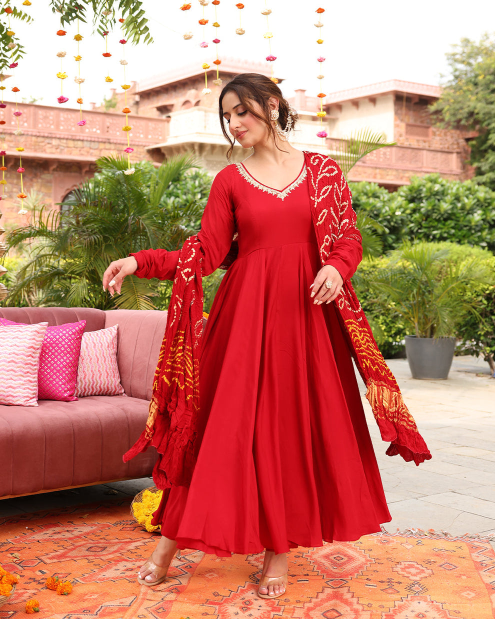Maroon Bandhej Anarkali Suit Set