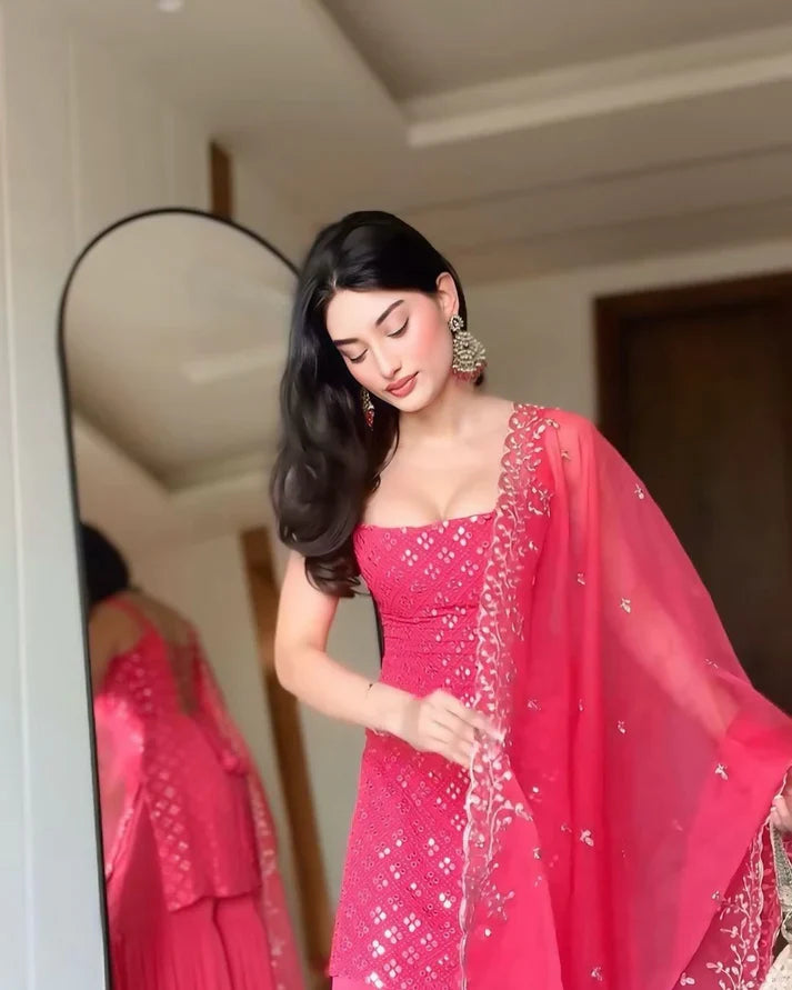 Radiant Rani Pink Mirror Work Kurta and Sharara Suit Set with Dupatta