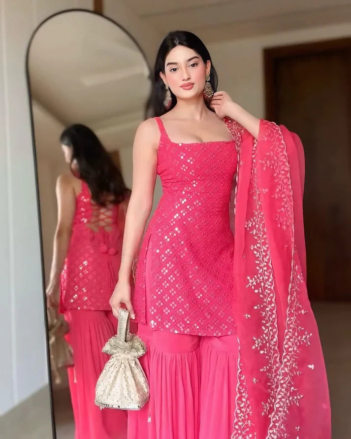 Radiant Rani Pink Mirror Work Kurta and Sharara Suit Set with Dupatta