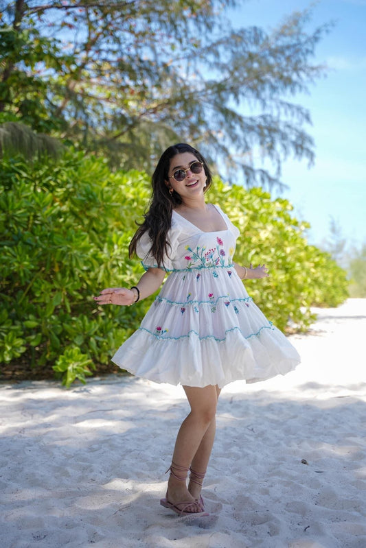 White Western Floral Lily Serenade Chanderi Midi Dress