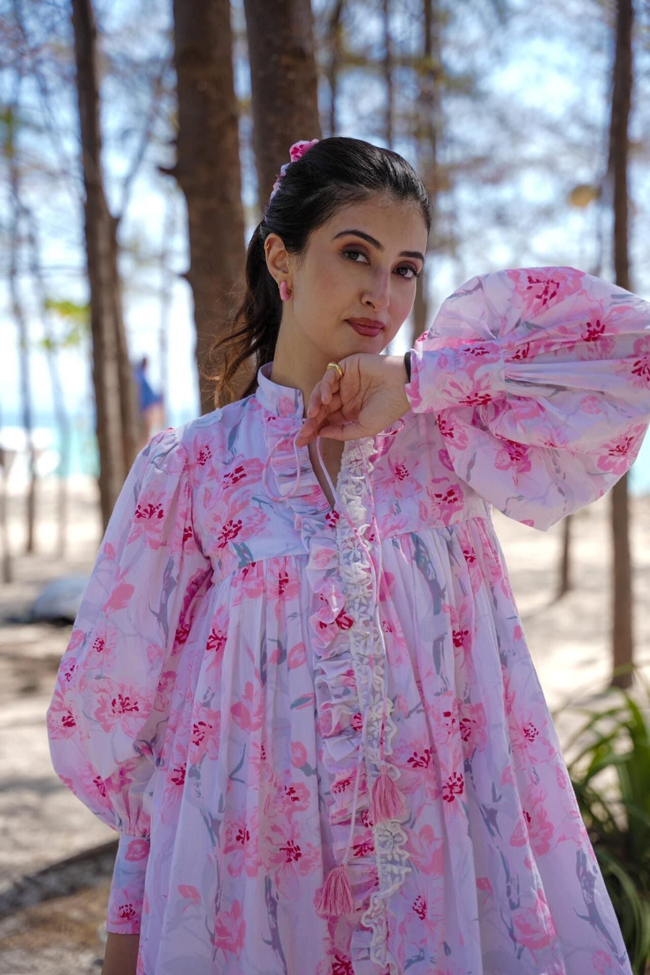 Rosebud Floral White Puff Sleeves Dream Cotton Stylish Dress