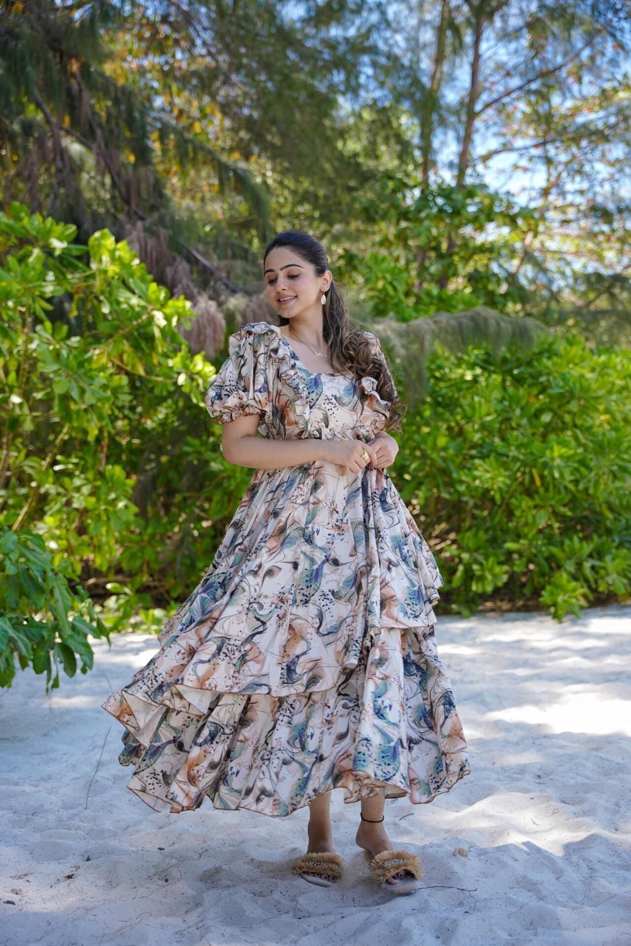 Beige Designer Pearl Frill Delight Below Knee Maxi Gown Dress