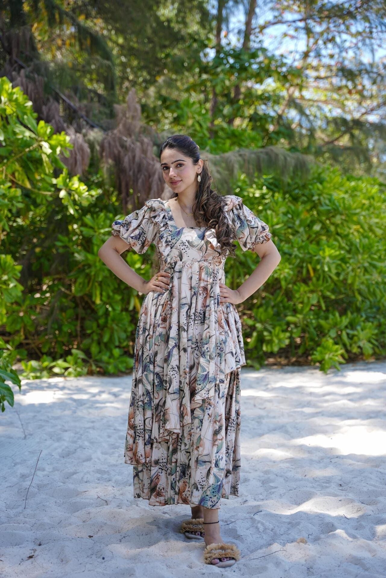 Beige Designer Pearl Frill Delight Below Knee Maxi Gown Dress