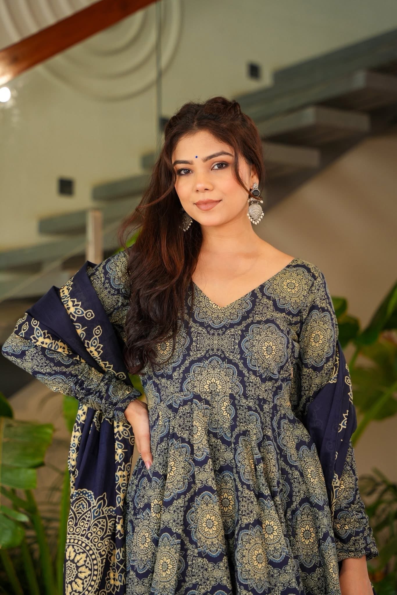 Royal Indigo Printed Cotton Anarkali Suit Set
