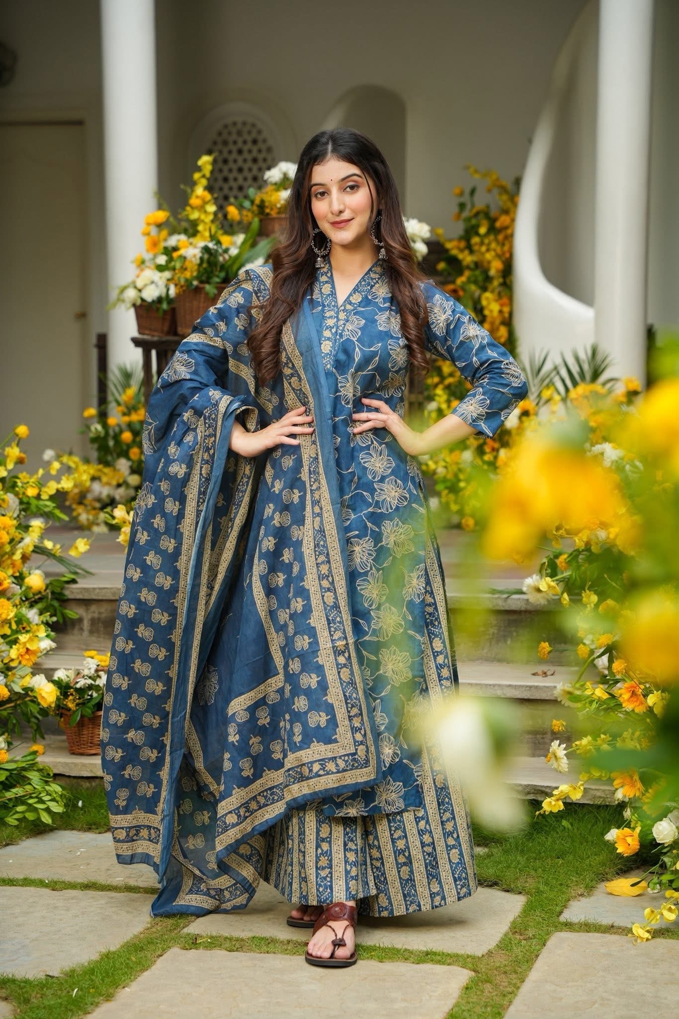 Anhaita Blue Printed Cotton Kurta Set