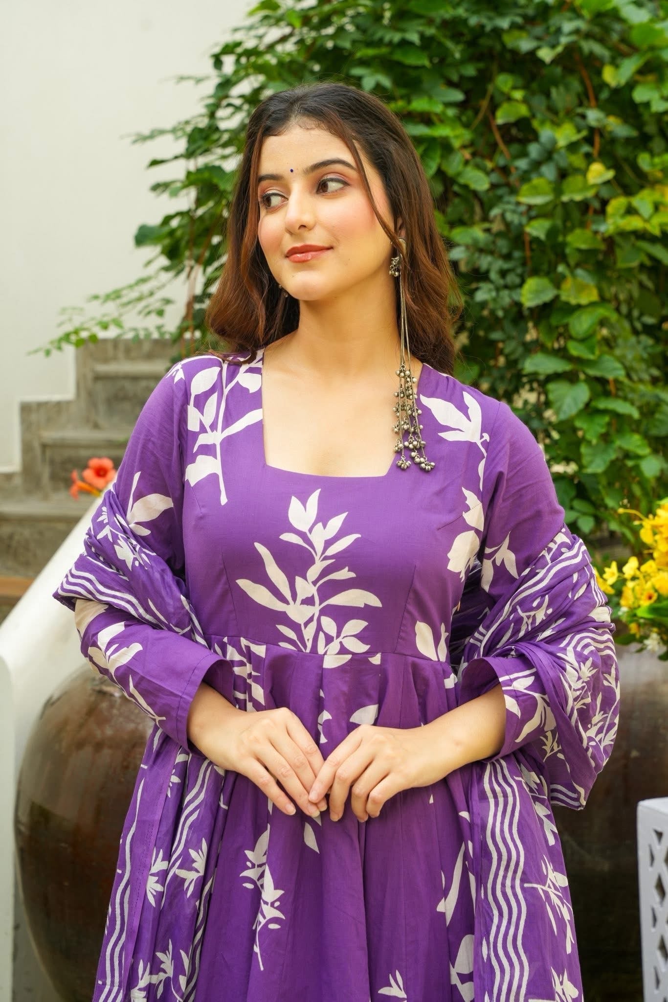 Budding Purple Cotton Anarkali Suit Set