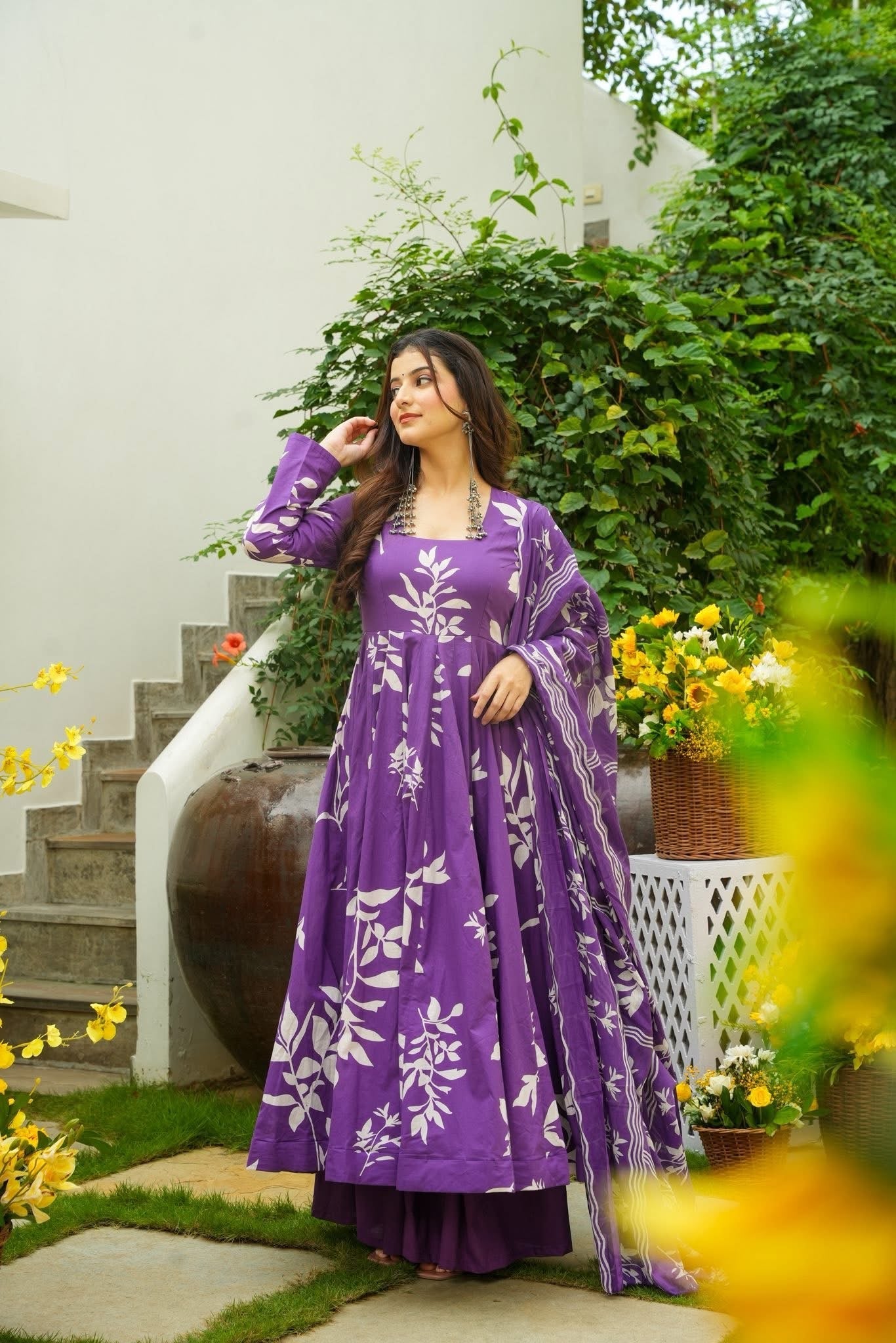 Budding Purple Cotton Anarkali Suit Set