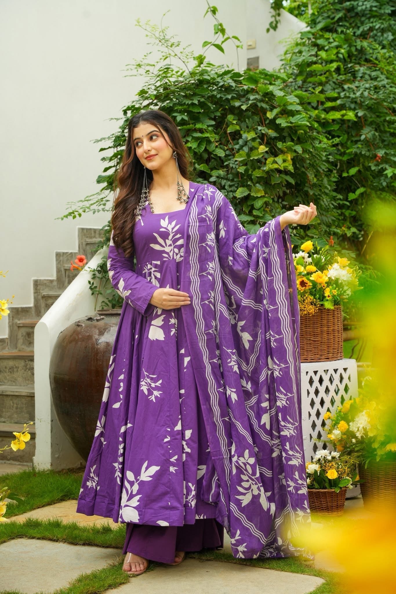 Budding Purple Cotton Anarkali Suit Set