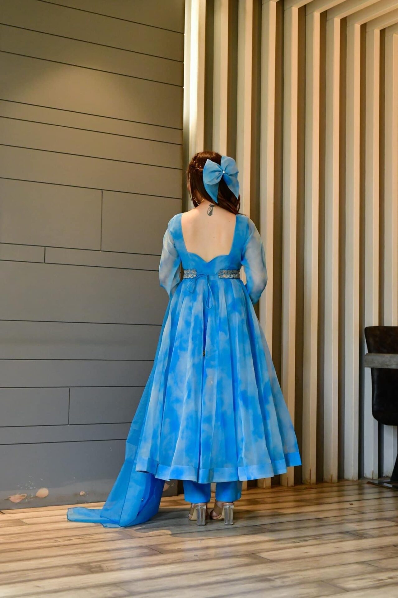 blue marble printed organza suit set