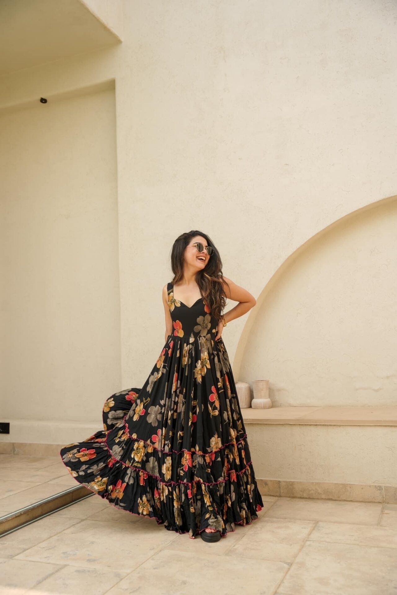 Black floral Designer Rayon Fit & Flare Maxi Gown Dress