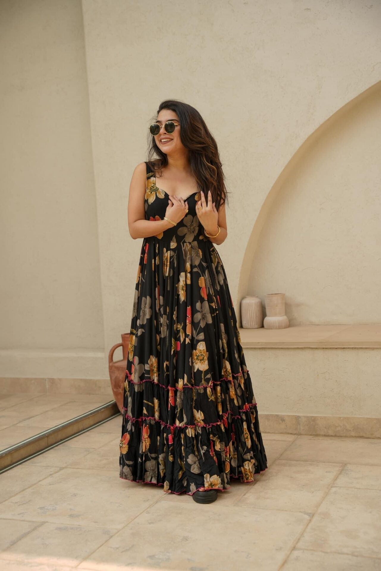 Black floral Designer Rayon Fit & Flare Maxi Gown Dress