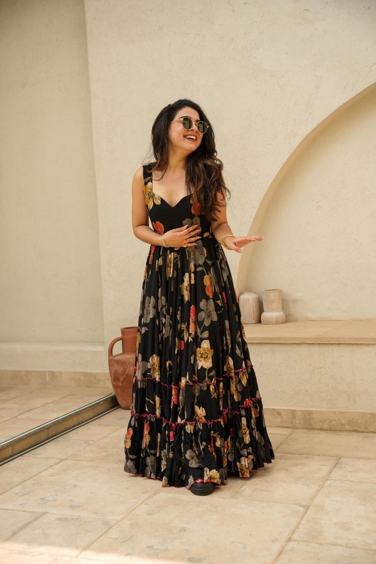 Black floral Designer Rayon Fit & Flare Maxi Gown Dress