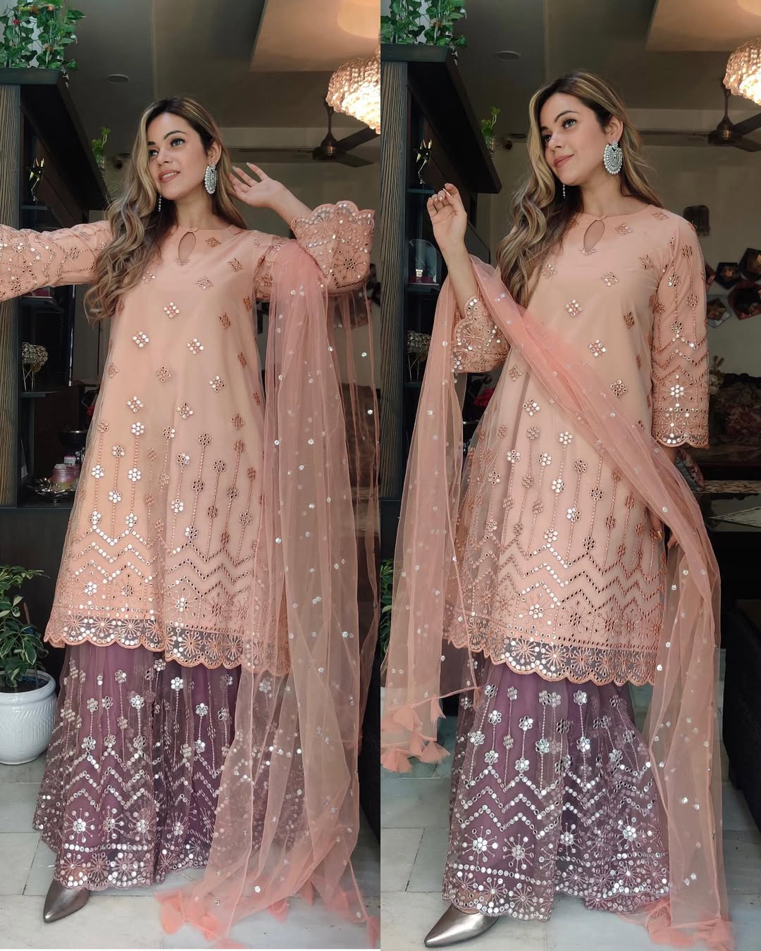 Peach Embellished Tunic with Plazo Pants Set