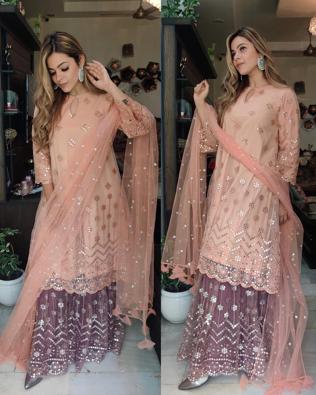 Peach Embellished Tunic with Plazo Pants Set