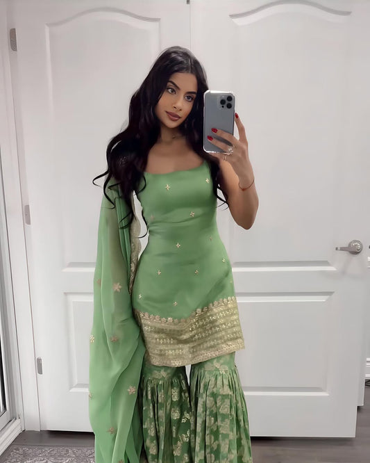 Silk Blend Partywear Sharara Suit  Designer Work