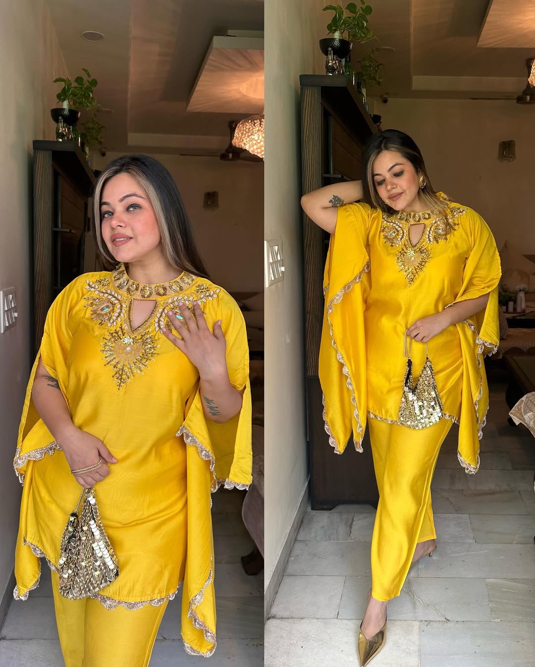 Vibrant Yellow Satin Tunic with Embellished Neckline