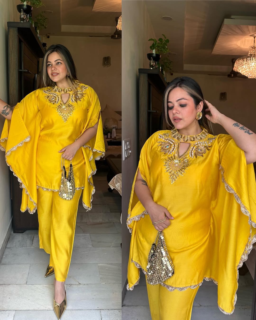 Vibrant Yellow Satin Tunic with Embellished Neckline