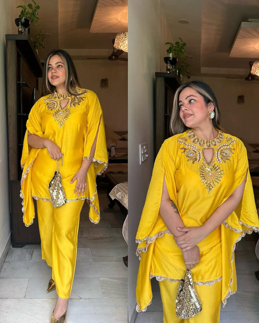 Vibrant Yellow Satin Tunic with Embellished Neckline