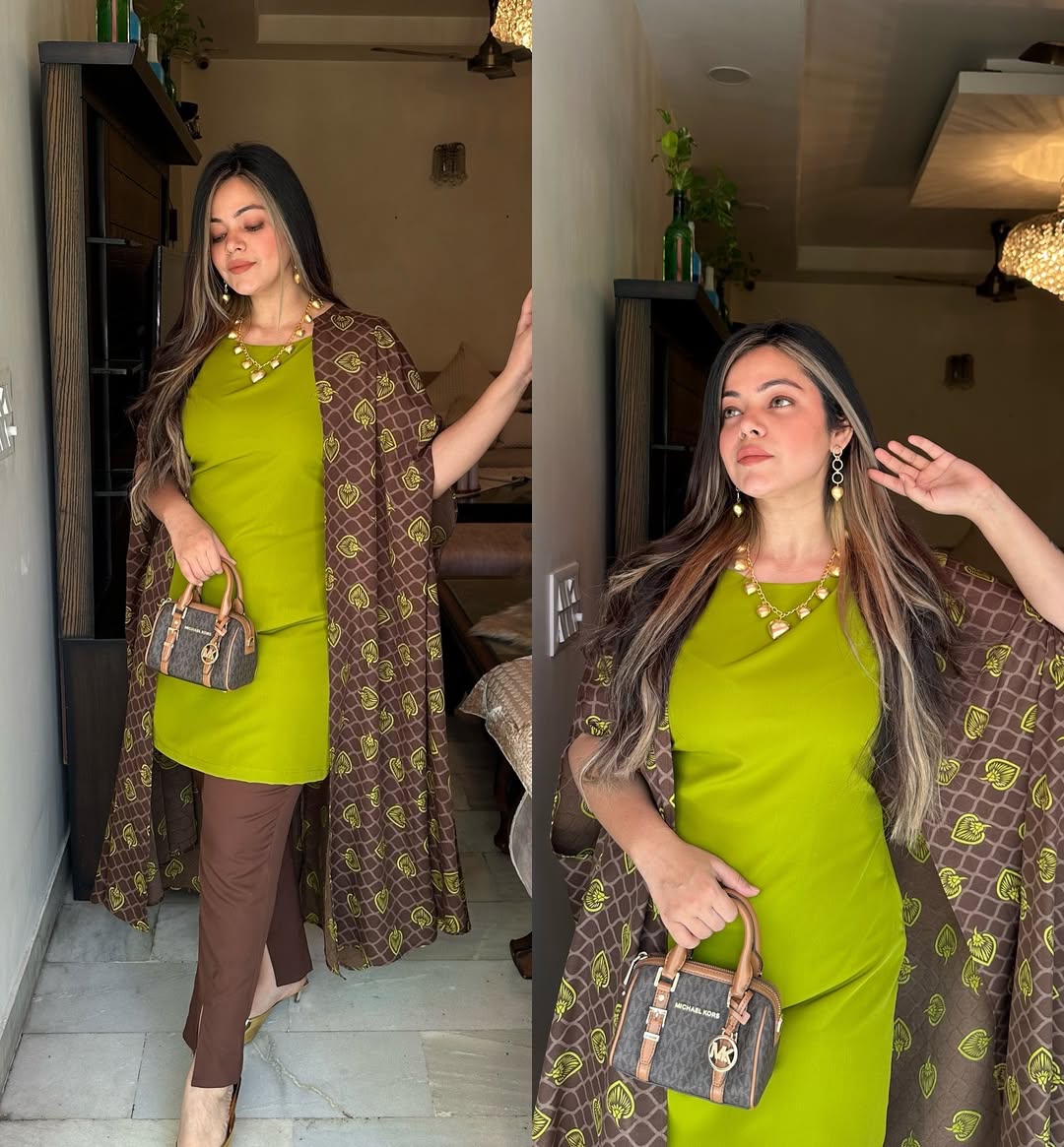 Olive Green Tunic with Printed Brown Shrug