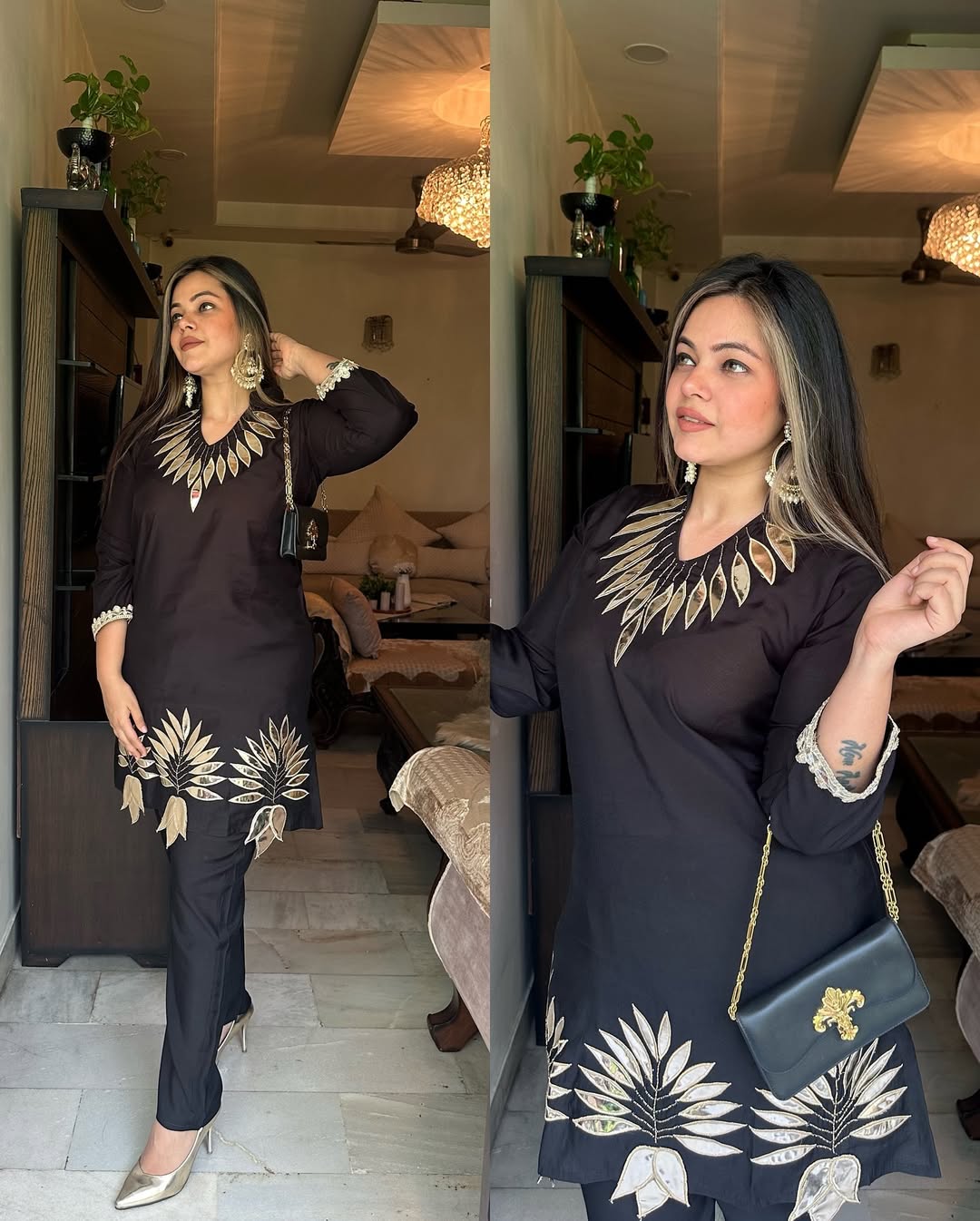 Black & Gold Leaf Embellished Set