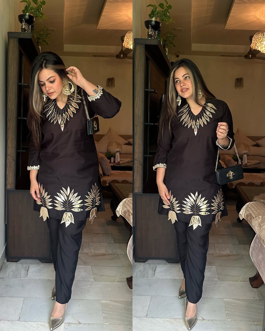 Black & Gold Leaf Embellished Set