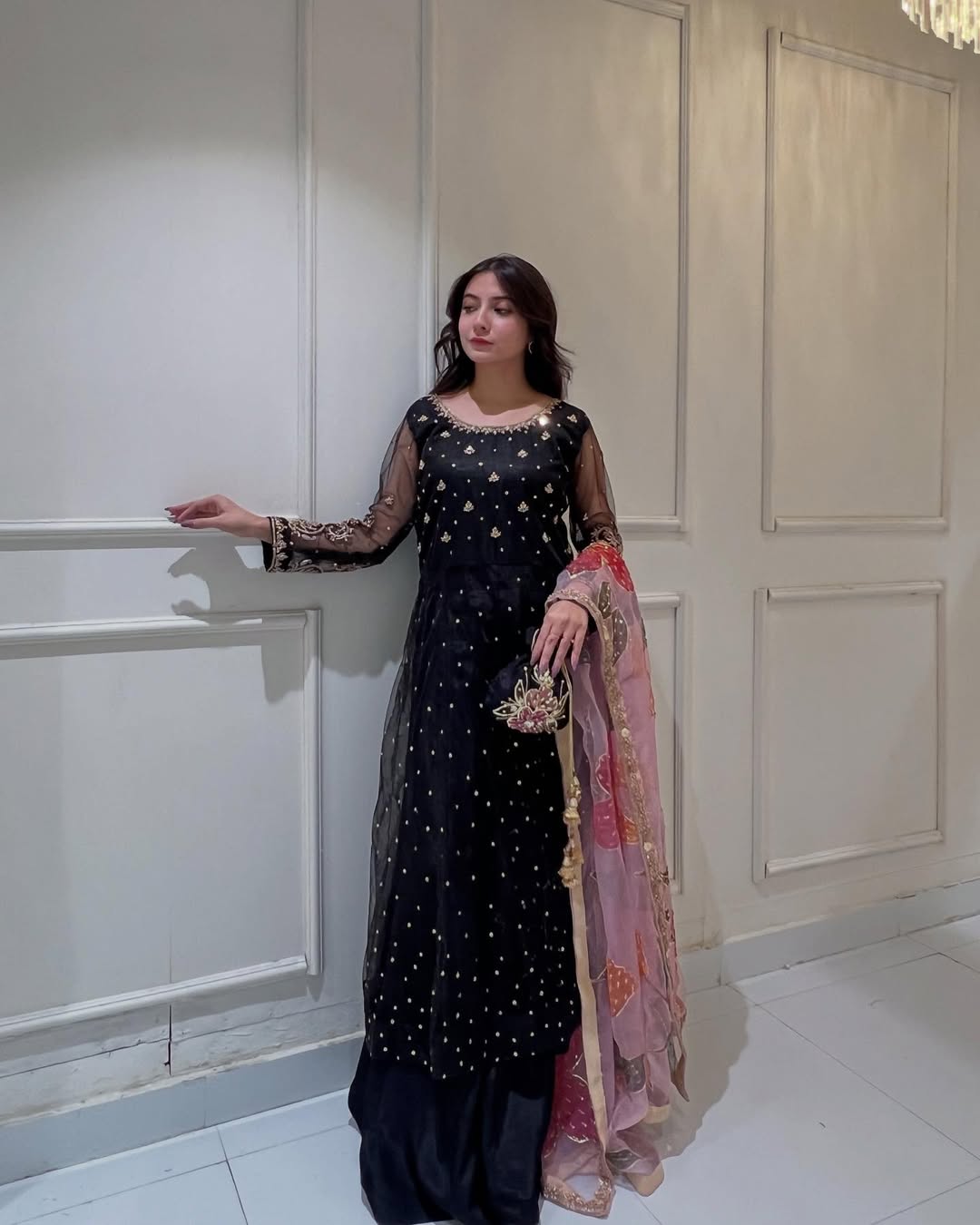 Black Net Embroidered Kurta Set