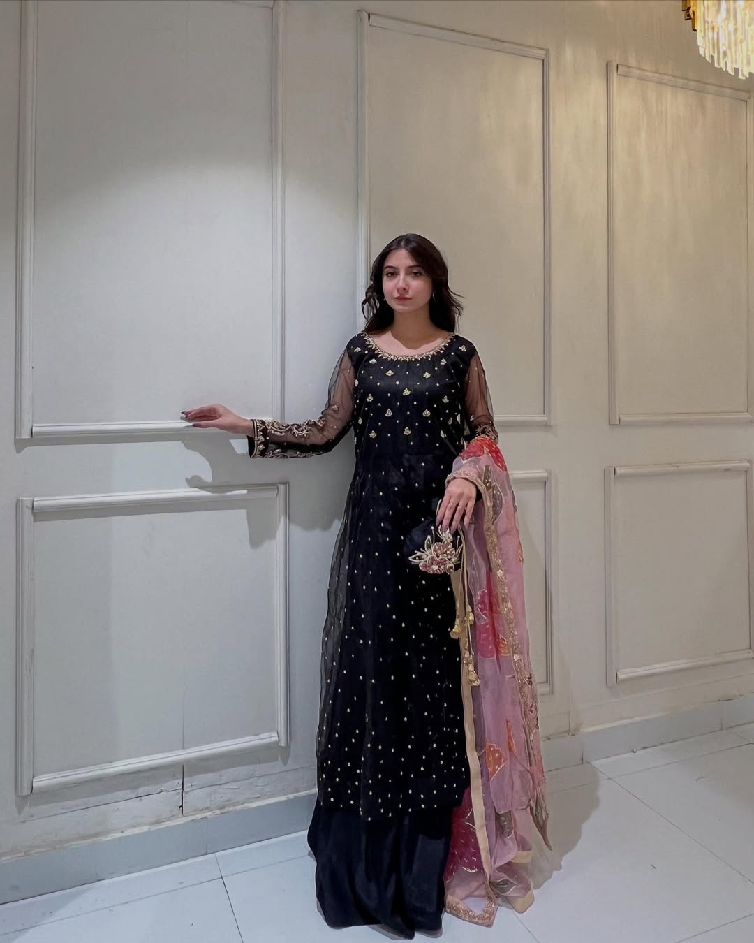 Black Net Embroidered Kurta Set