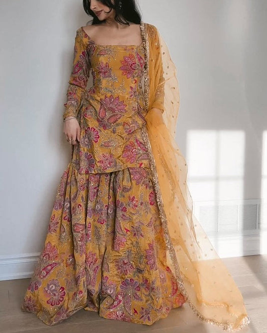 Anaya Mustard Yellow Silk Blend Embroidered Sharara Set