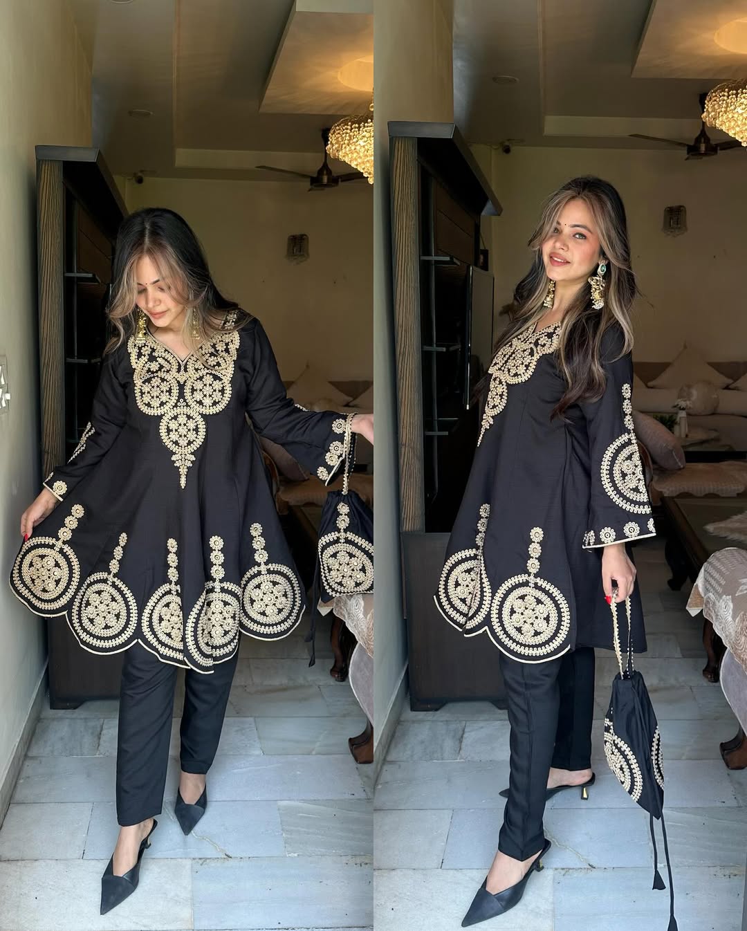 Black & Gold Floral Embroidered Tunic