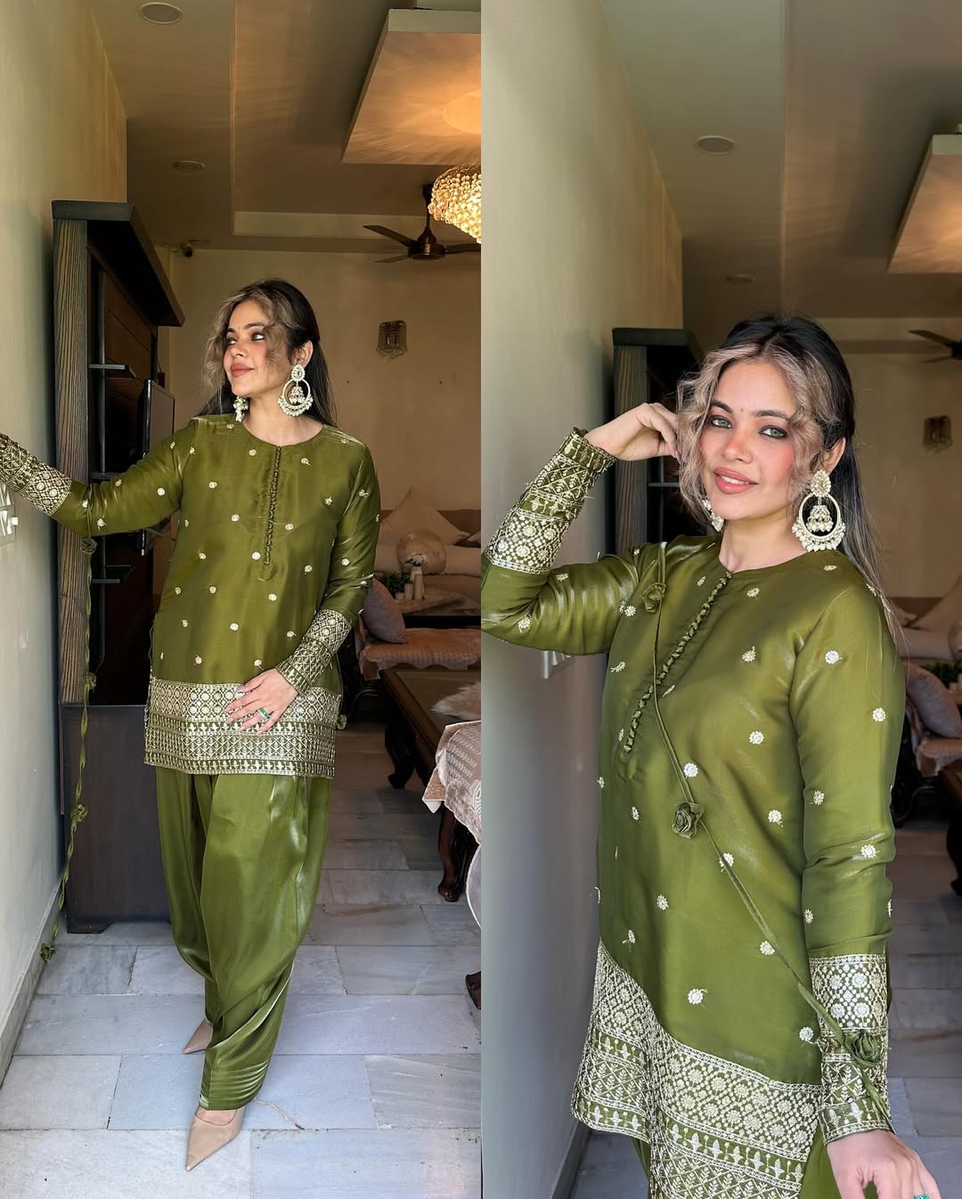 Olive Green Embroidered Tunic Set