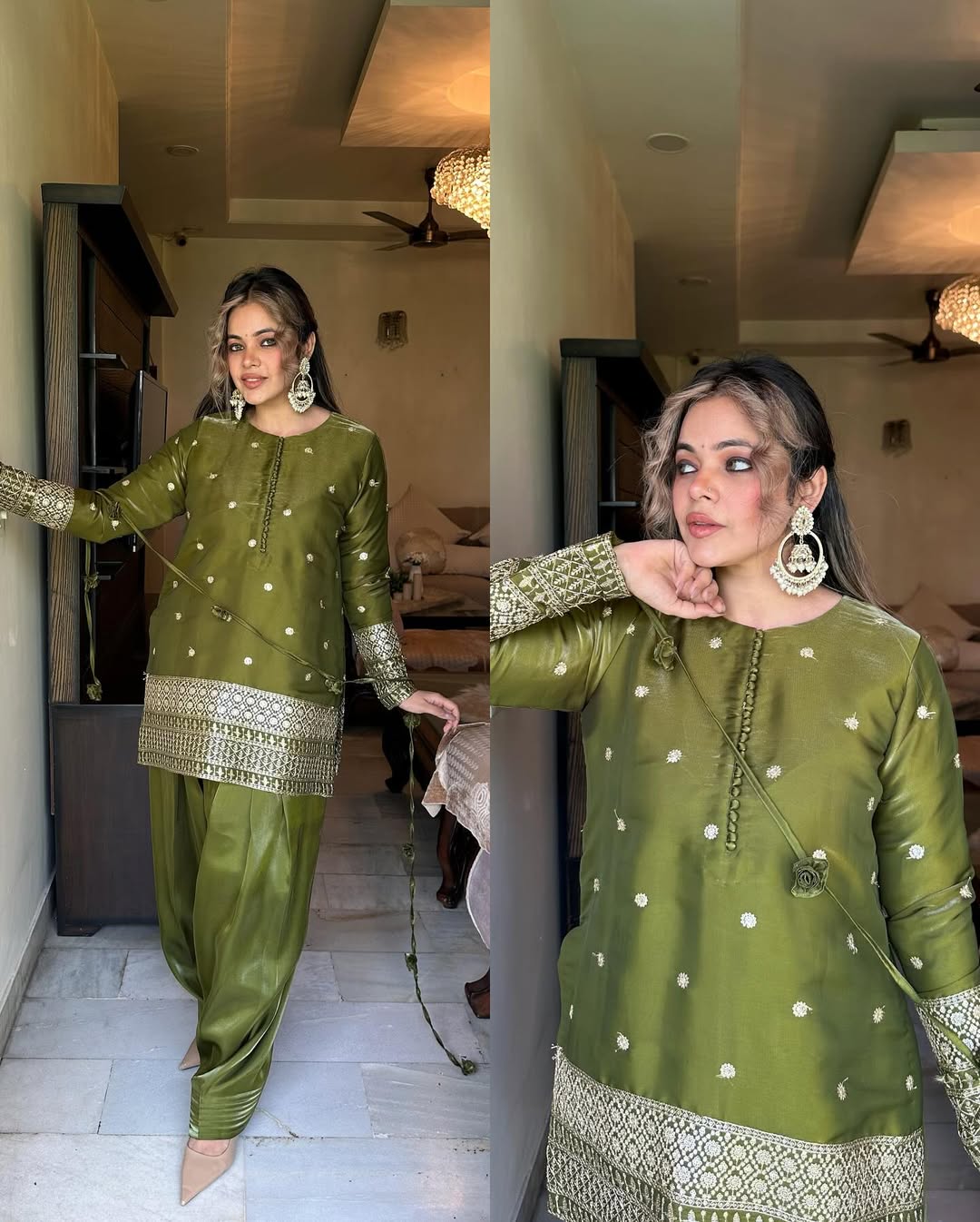 Olive Green Embroidered Tunic Set