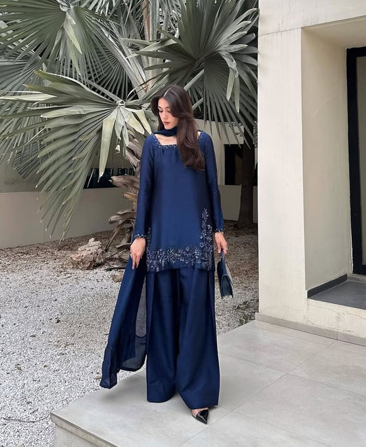 Dark Blue Silk Dupatta Set