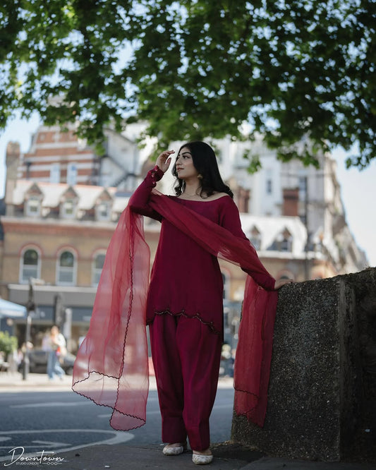 Red Silk Embroidered Kurta Set