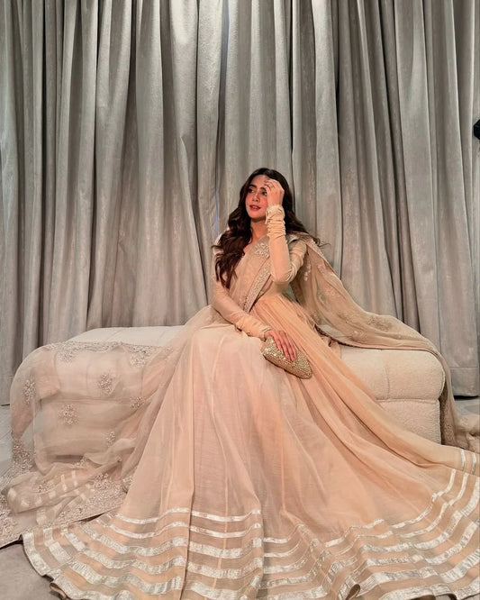 Champagne Glow Net Anarkali Ensemble