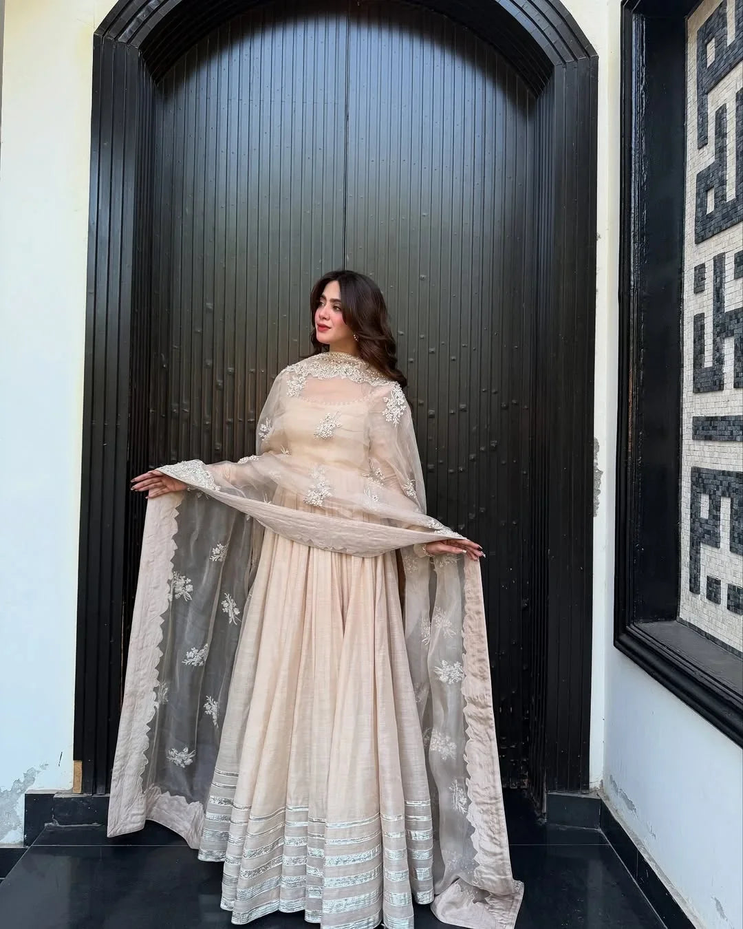 Champagne Glow Net Anarkali Ensemble