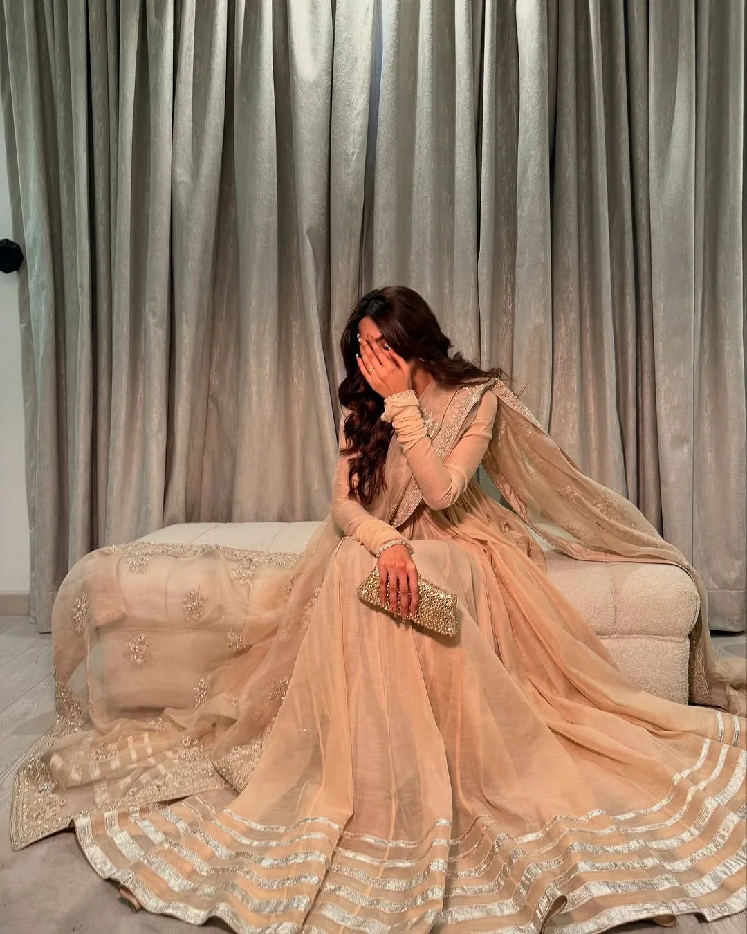 Champagne Glow Net Anarkali Ensemble