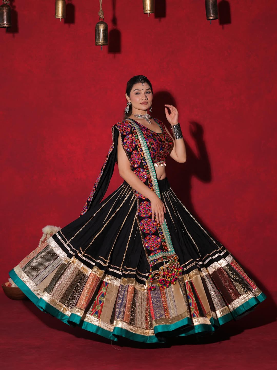 Regal Black Heritage Lehenga Set with Vibrant Mirror & Thread Work