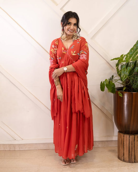 Gulzaar Rust: Hand-Embroidered Kaftan Kurta Set