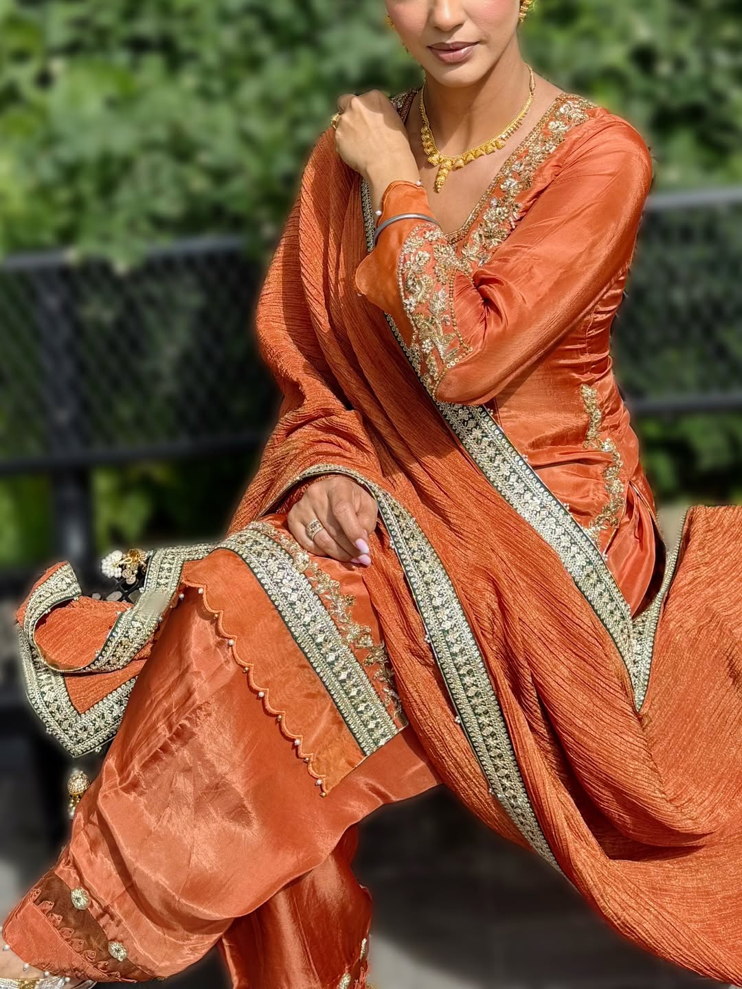 Rust Silk Blend Patiala Suit with Zari & Mirror Work Detailing