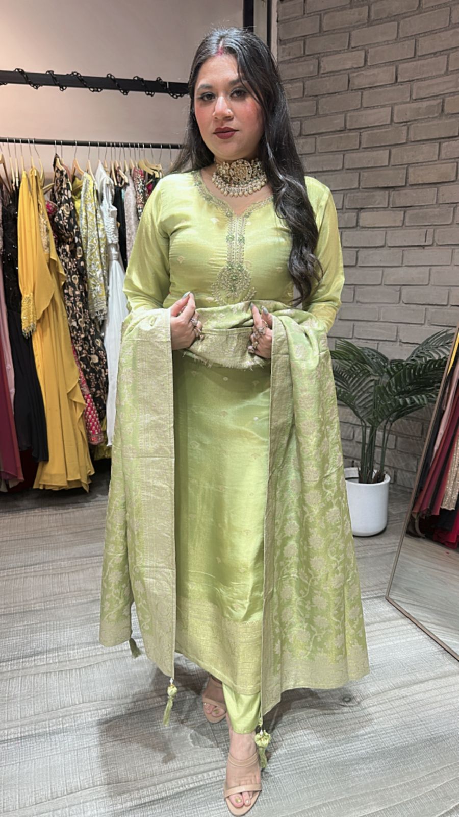 Kundan lime Green Heavy Dupatta suit