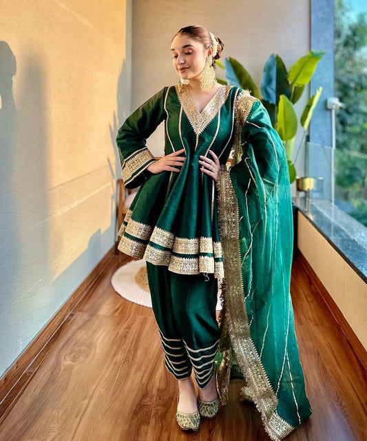 Raw silk enbrel green short Anarkali