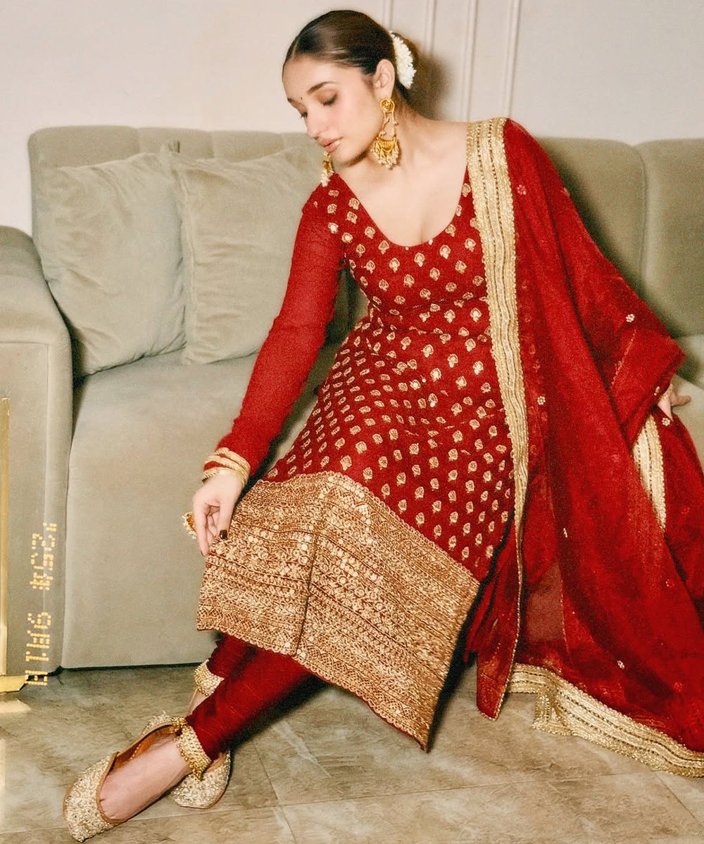 Maroon Raw Silk  Zari Work Salwar & Georgette Dupatta