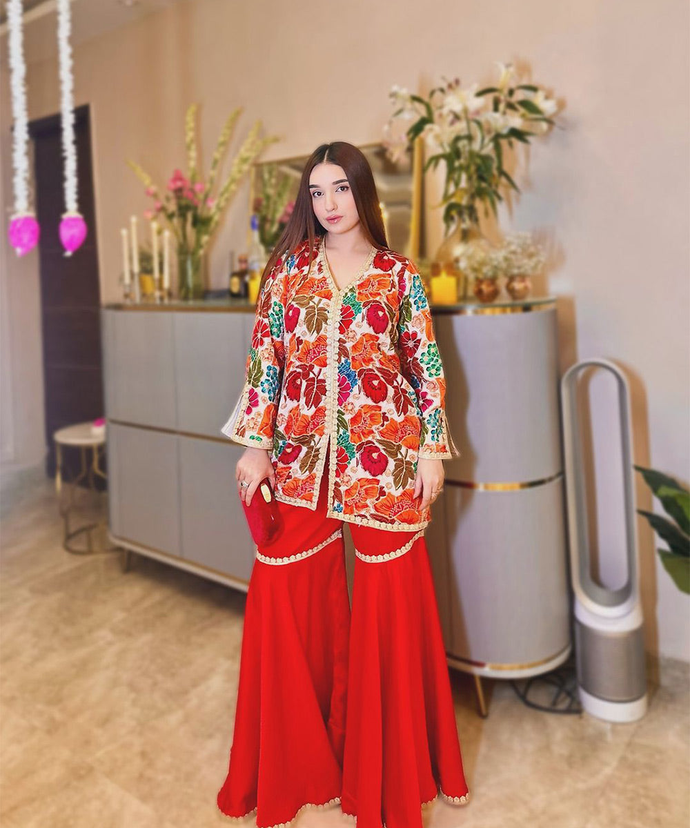 Georgette Multicoloured floral embroidery sharara set