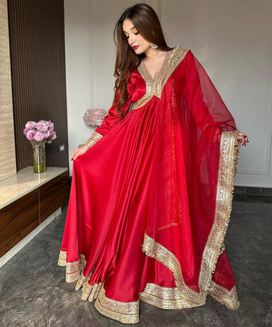 Red Anarkali gown and dupatta