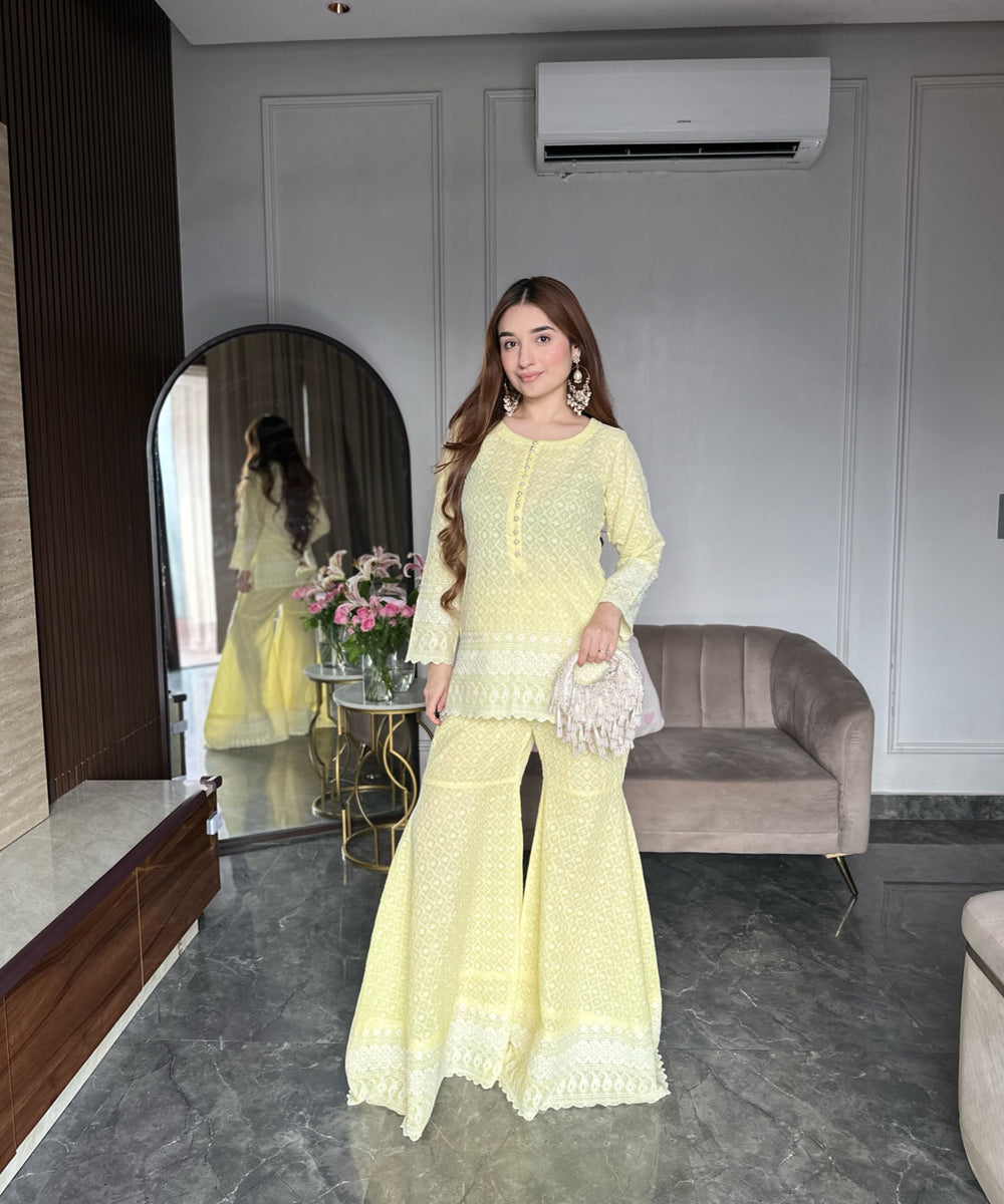 Lemon Yellow Cotton Chikankari Sharara Set