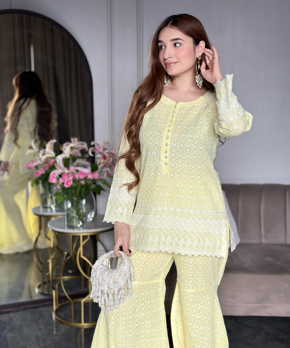Lemon Yellow Cotton Chikankari Sharara Set